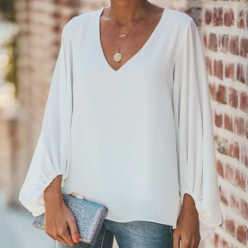 

Women Blouses Sexy V-Neck Long Lantern Sleeve Blouse Loose Shirts Elegent Office Ladies Smooth Casual Solid Color Tops Plus Size