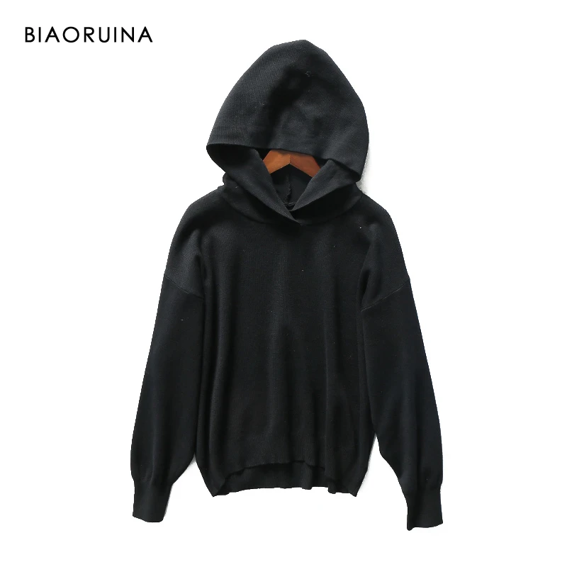 

BIAORUINA Women's Solid Casual Knit Hooded Sweatshirt Female All-match Simple Fashion Hoodies Autumn Basic Pullovers
