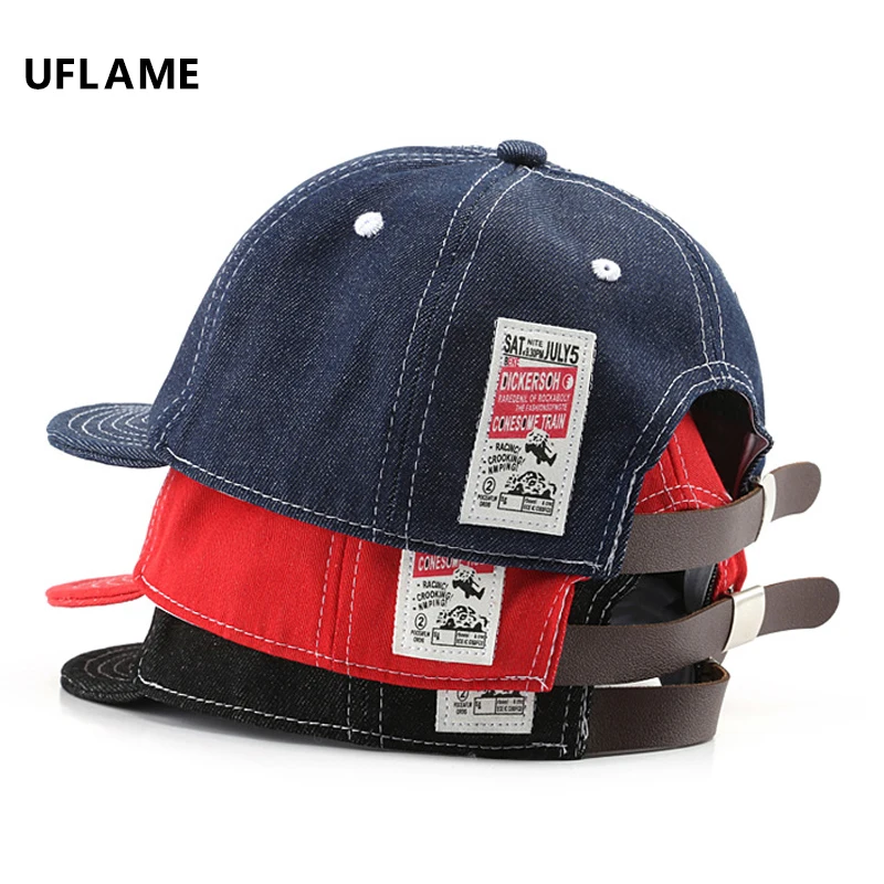 

Кепка UFLAME мужская с короткими полями, бейсболка из денима с мультяшным принтом, повседневная кожаная Регулируемая мягкая Кепка с козырьком,...