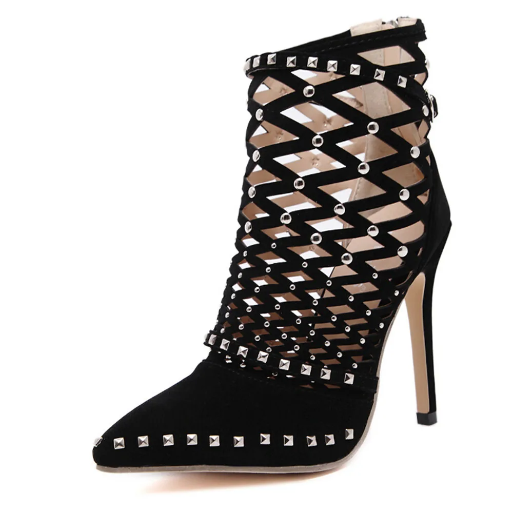 Женские ботильоны на высоком каблуке с острым носком и заклепками | Обувь