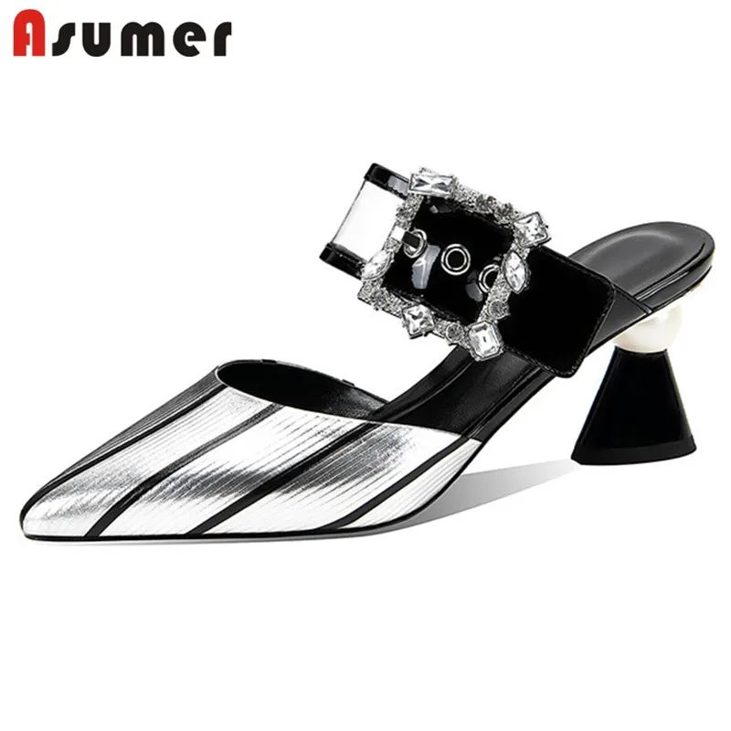 

Asumer 2021 Strange High Heels Sandals Women Genuine Leather Shoes Buckle Pointed Toe Mules Shoes Women Dress Party Shoes Woman