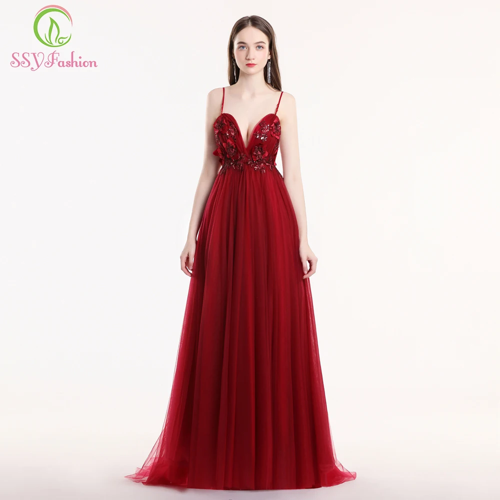 SSYFashion/Новое пикантное платье для выпускного с v-образным вырезом и открытой спиной, без рукавов, винно-красного цвета, кружевной цветок, праздничный официальный вечерний наряд, подиумные платья