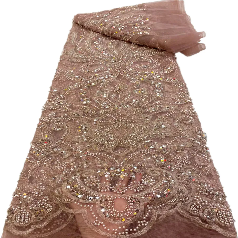 

Embroidery with beads and sequins 5 yard african net lace fabric nigeian sewing for wedding party dress RF-500