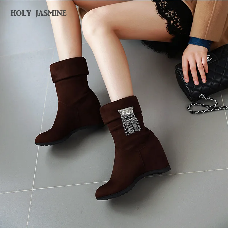 

HOT 2020 Women Boots New Spring/Autumn Flock Waterproof Platform Fashion Boots Height Increasing High (5cm-8cm) Rubber