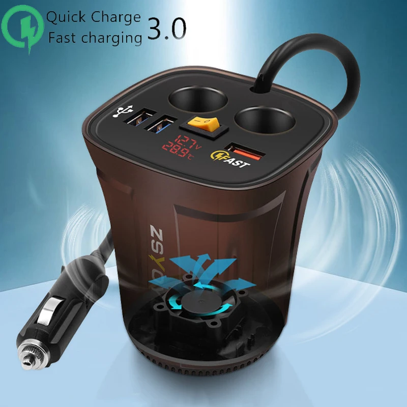 

Cup Charger Cigarette Lighter Socket 3 USB Port charger For Mobile Phone QC3.0 Fast Car Charger with Temperature Voltage Display