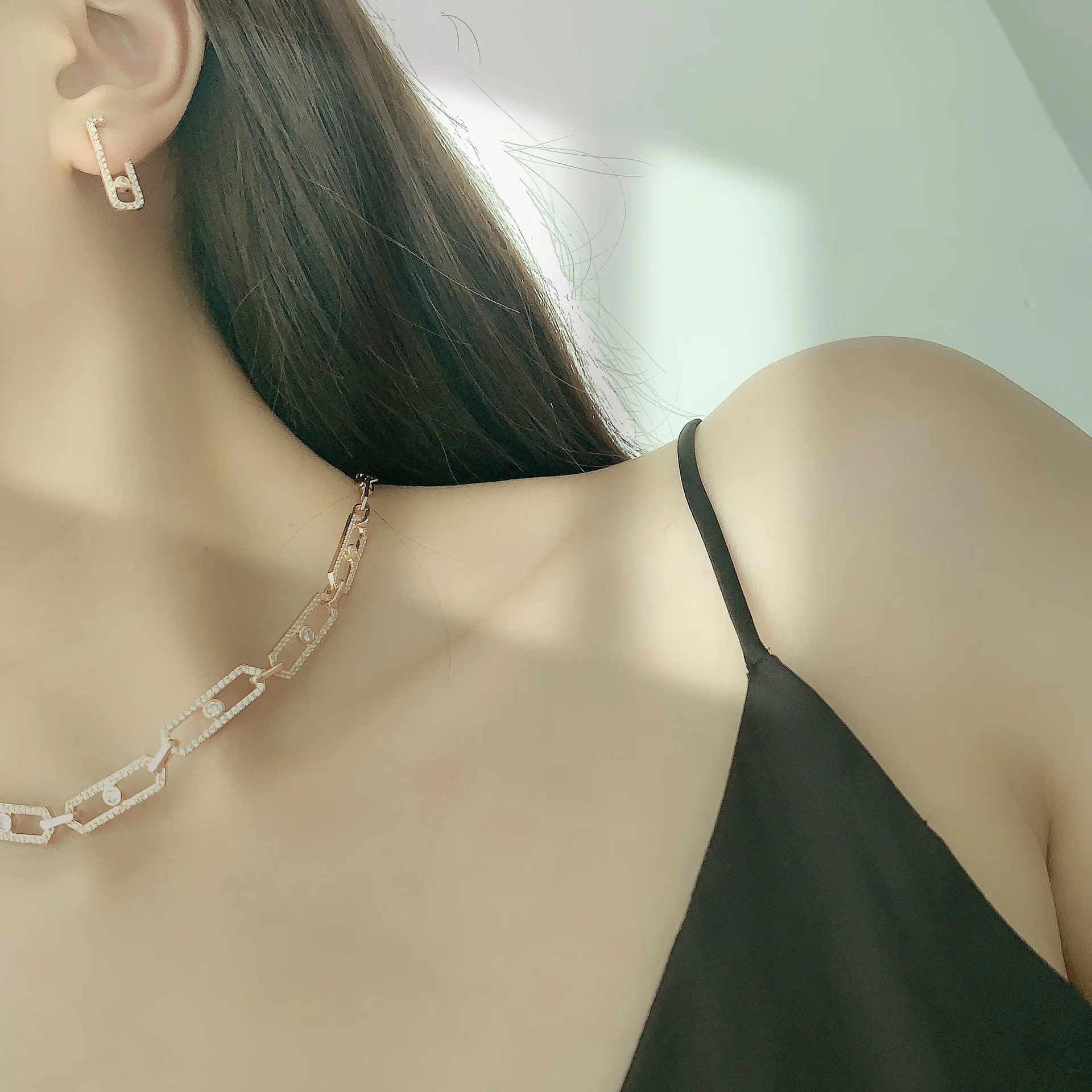 

S925 silver needle luxury long back needle Earring Ring Necklace Shiny Diamond Pendants For Women Engagement Choker Fine Jewelr
