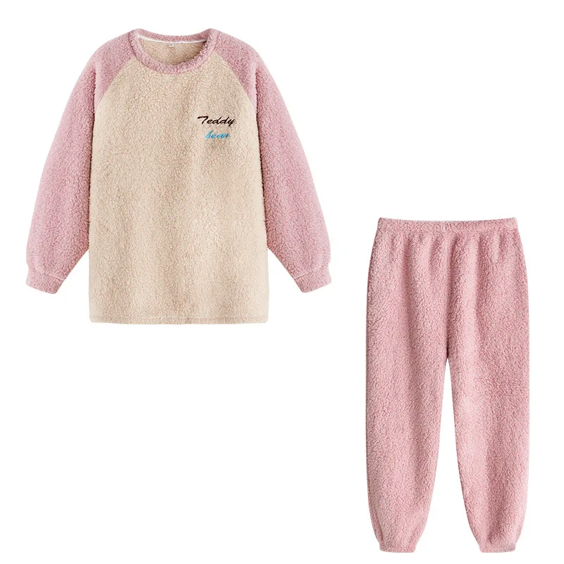 Home Clothes for Women Plush Pajamas Woman Winter 2 Piece Pajama Set Women Pink Round Neck Letter Printed Sleeping Wear Set