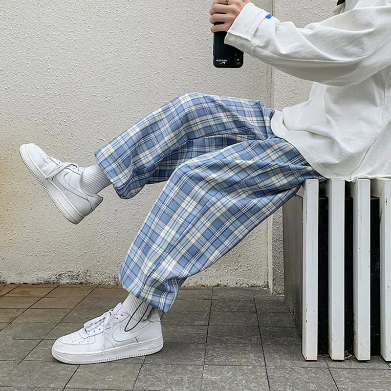 

Spring Summer Plaid Pants Men's Fashion Casual Pants Men Streetwear Korean Loose Hip-hop Straight Wide-leg Pants Mens Trousers