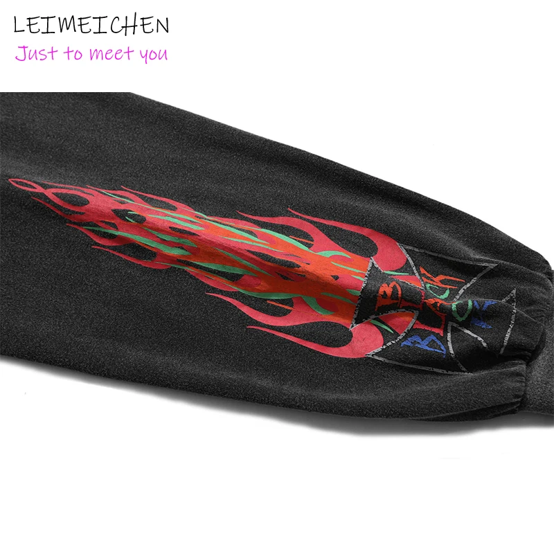 

Sweatshirt Men Colorful Letter Side Flame Printed Pullover Baggy High Street Punk Vintage Distressed Streetwear 2021 Spring