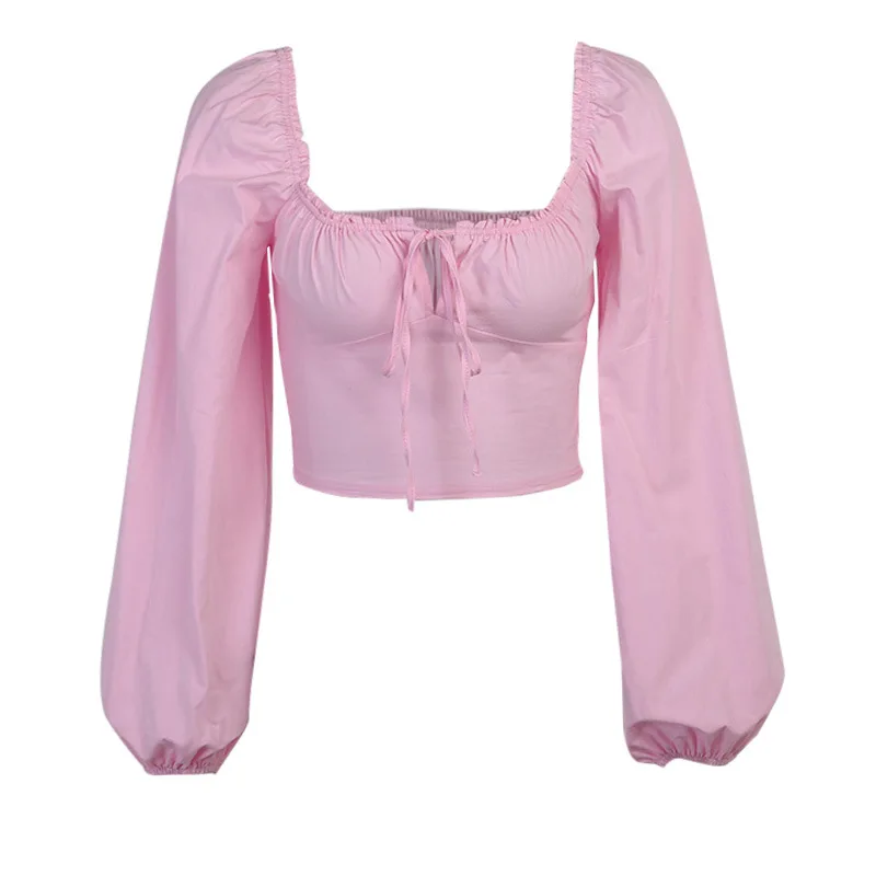 

The New Simple Sexy Cute Wild Strawberry Drawstring Pleated Square Collar Long Sleeve Women's Top Sexy Chest In Autumn