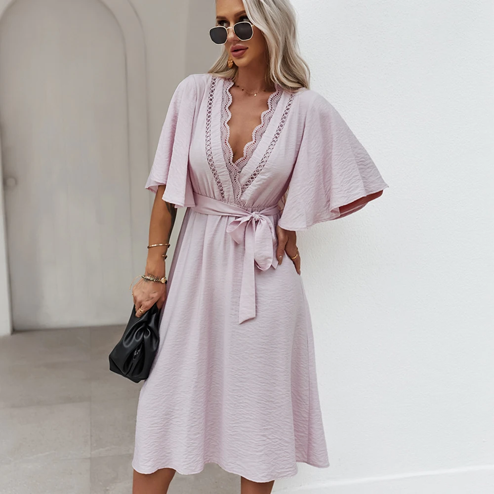 

Женское кружевное платье-миди составного кроя, элегантное однотонное Повседневное платье с рукавом-бабочкой, V-образным вырезом и шнуровко...