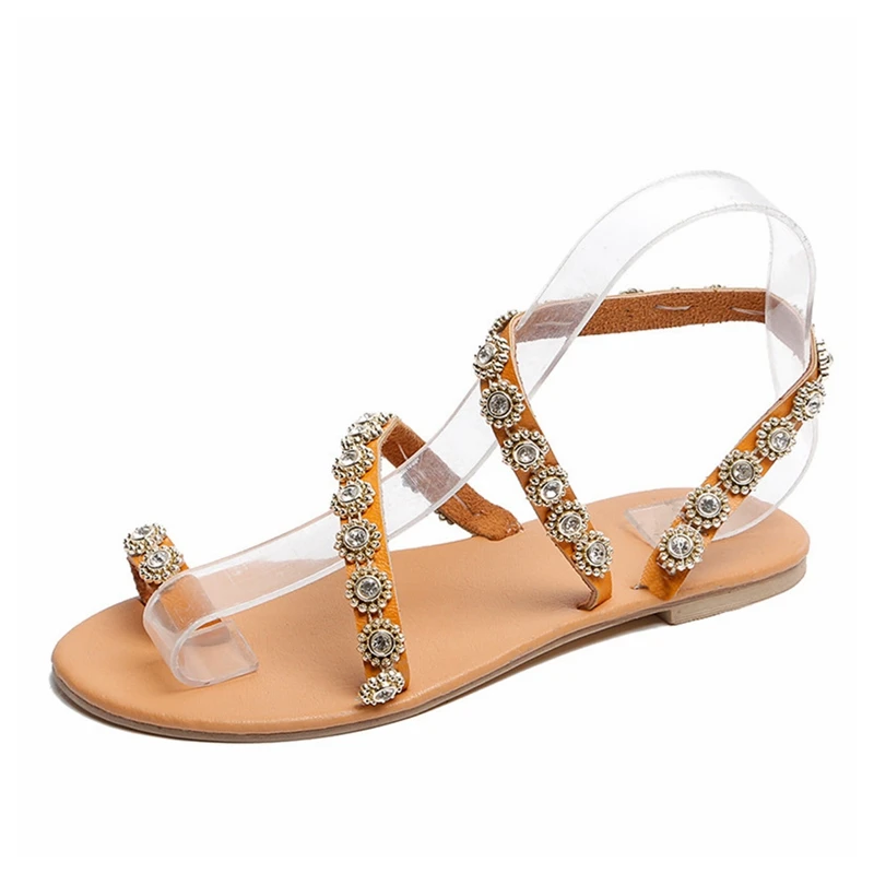 

Rhinestone Flower Sandals Ladies 2020 Handmade Fashion Ethnic Style Pearls Decoration Flat Sole Lightweight Summer Beach Sandals
