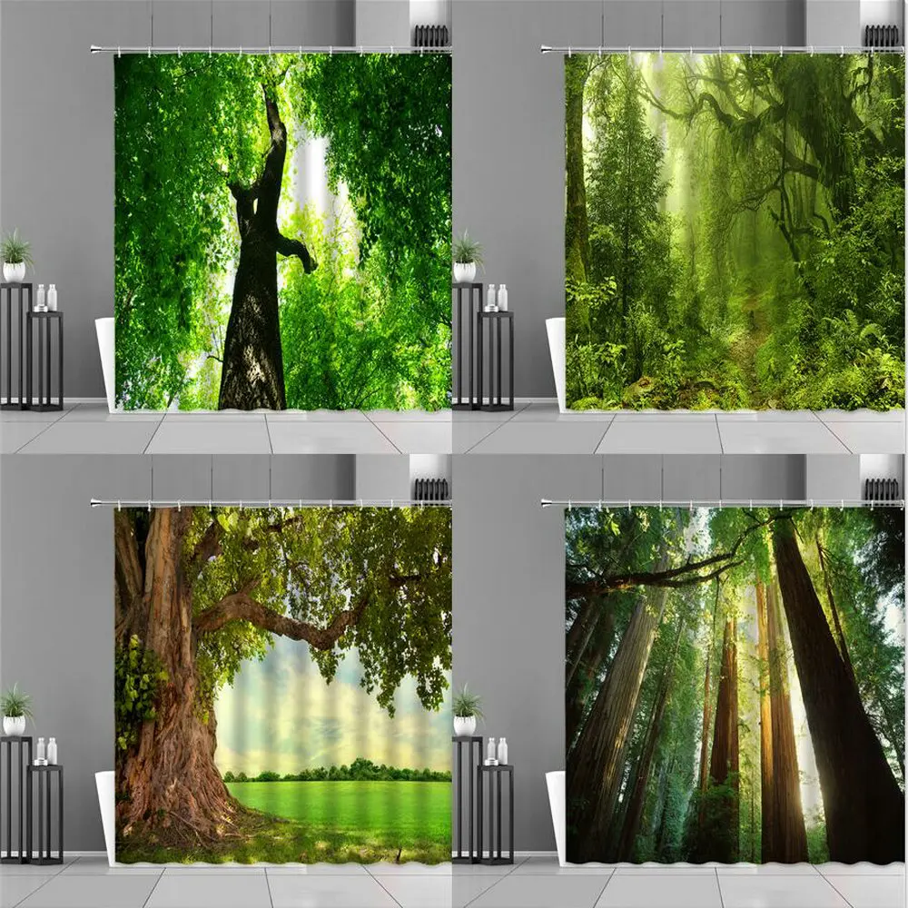 

Занавеска для душа с зеленым деревом и лесным пейзажем, s занавеска для ванны с растениями, водонепроницаемый полиэстеровый декоративный эк...