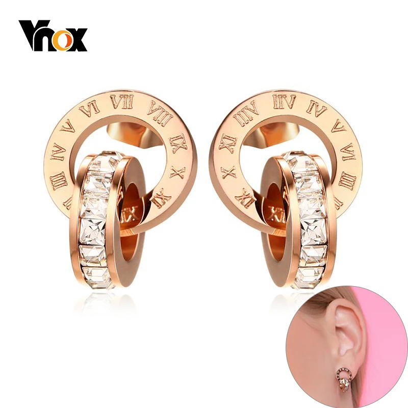 Женские круглые серьги гвоздики Vnox с римскими цифрами и фианитами класса ААА