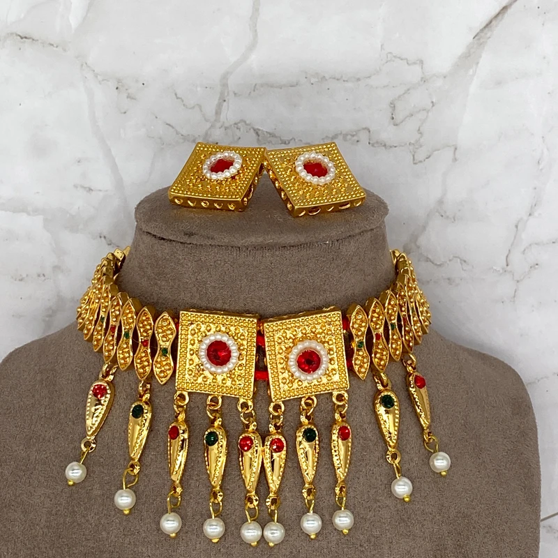 

Dubai Jewelry Sets for Women Saudi Arabia Colored Stone Chokers 24k Habesha Necklace Earrings Rope African Wedding Eritrean Gift