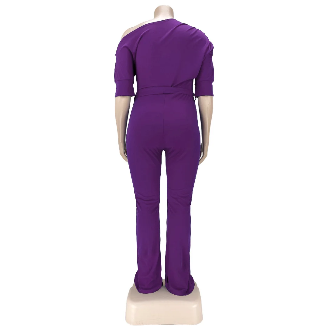 

Fashion Womens Jumpsuit plus Size Supply Solid Color Lace up Oblique Shoulder Horn Jumpsuits