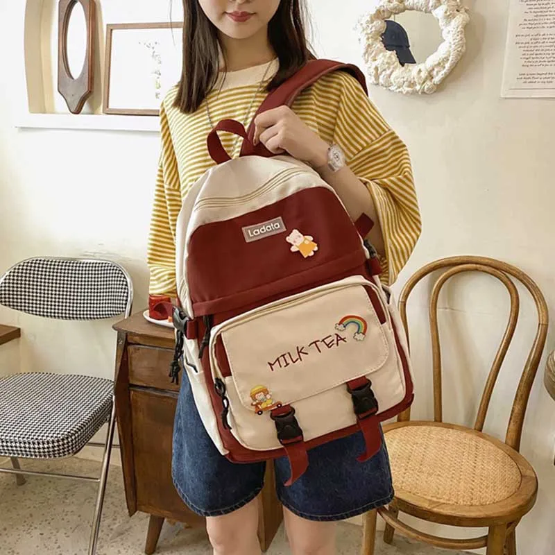 

School Backpack Women's Students Panelled Korean Backpacks For Girls Casual Female Bags Large Trend Design Capacity Schoolbag