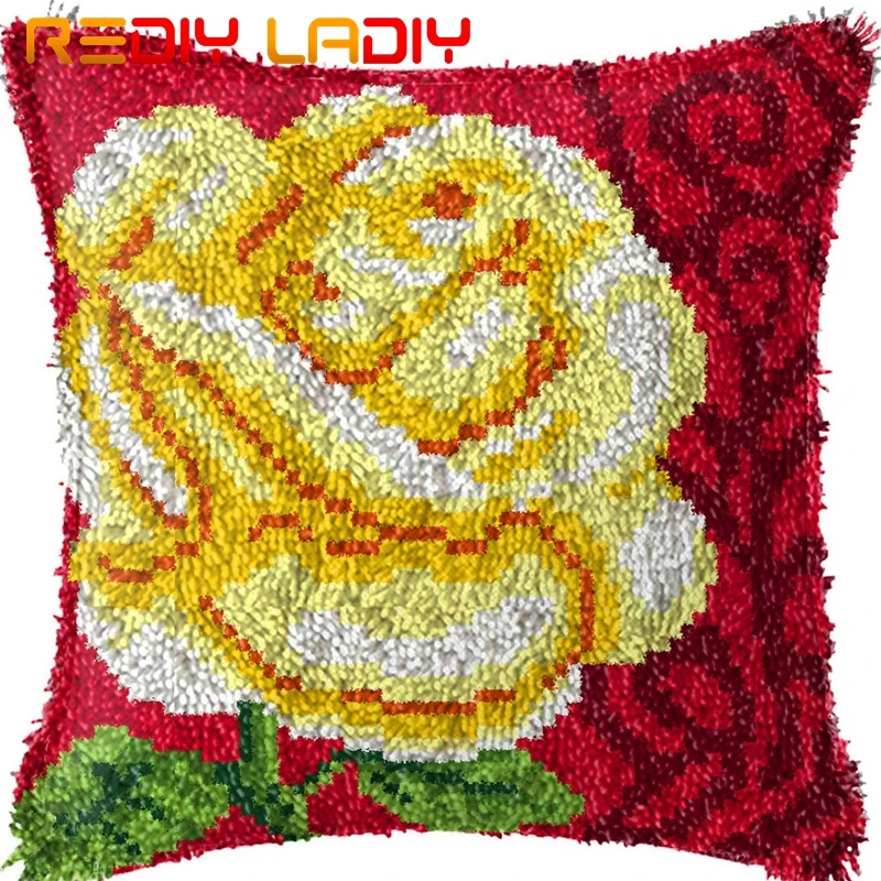 Latch Hook Cushion Big Red Rose Pre-Printed Canvas Cover Acrylic Yarn Crochet Pillow Case Kit Hobby &amp Crafts Home Decor | Дом и сад