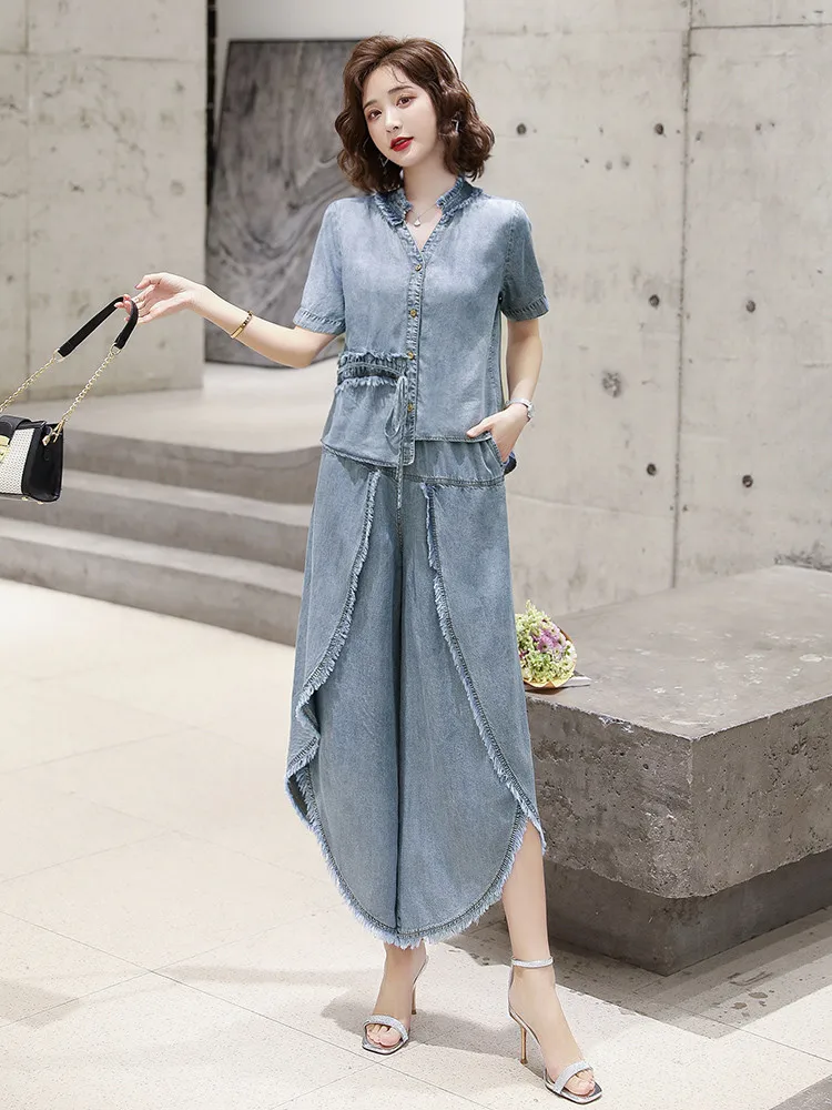 

2021 Summer New Style Women's Denim Two-Piece Single-Breasted Short-Sleeved Top+Elastic Waist Wide-Leg Jeans Fashion Suit Female