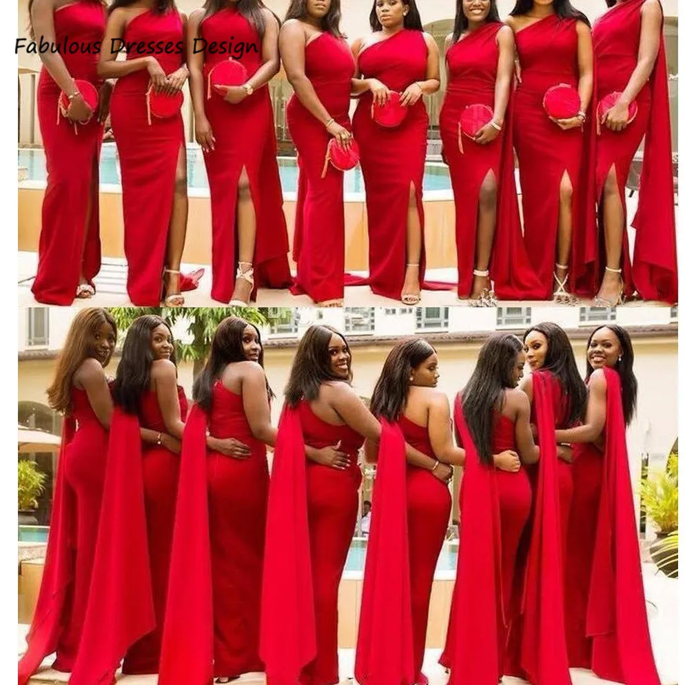 

Red One Shoulder Mermaid Bridesmaid Dresses 2021 African Split With Streamer Long Wedding Party Dress Robe De Soiree De Mariage