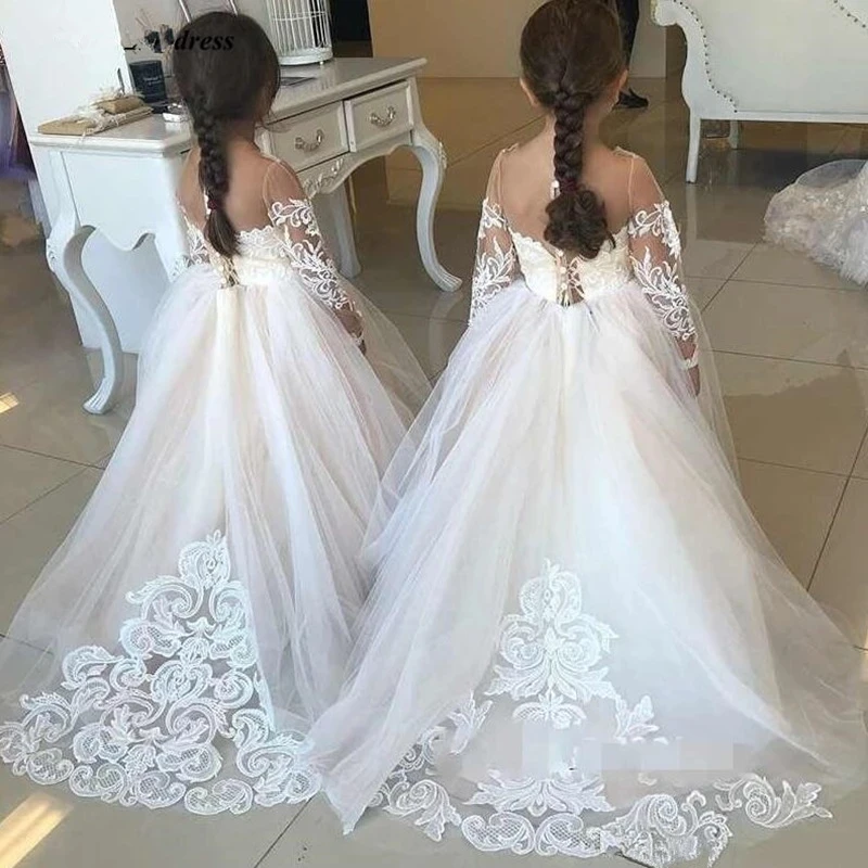 

White Flower Girl Dresses For Weddings party ceremony Gown Cap Sleeves Tulle Lace First Communion Dresses For Little Girls