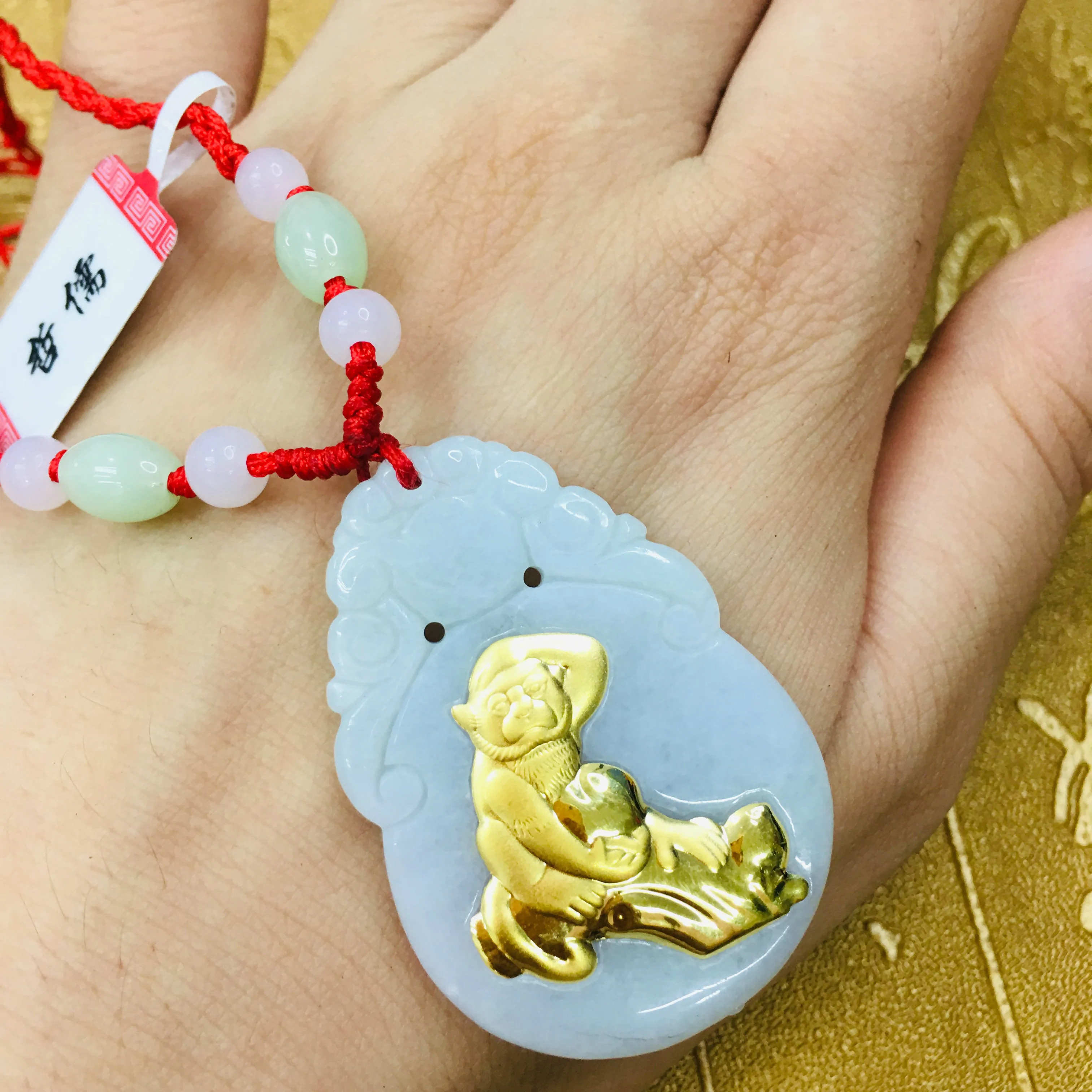 Send A certificate Natural Burmese jade inlaid 24K gold zodiac good luck monkey pendant with handmade necklace | Украшения и