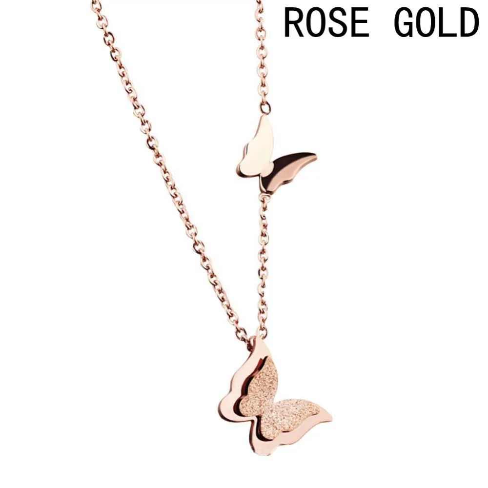 

Handmade Romantic Double Butterfly Necklace Titanium Steel Rose Butterfly Sanding Scrub Necklace