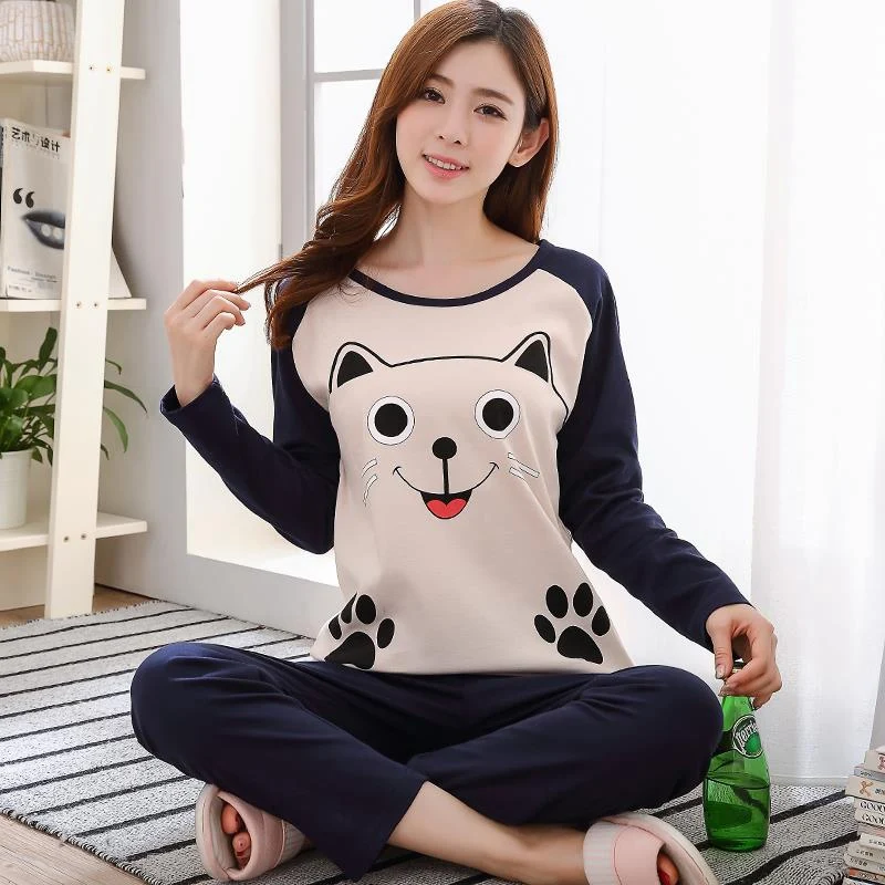 

Sleepwear Homewear Female pijama Women Pajamas Set Spring Autumn Thin Cartoon Print Long Sleeve Cute Nightwear