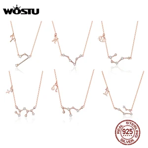 Чокер женский WOSTU из серебра 2019, 925 пробы, ожерелье под розовое золото, 12 созвездий, подвески на длинной цепи