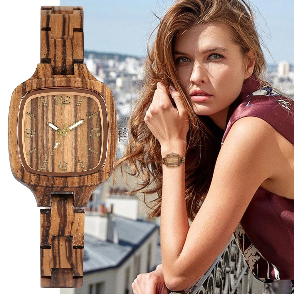 

Trendy Quartz Analog Wooden Watch for Ladies, Typical Small Dial with Arabic Numerals Wooden Watches for Female, Practical Strap