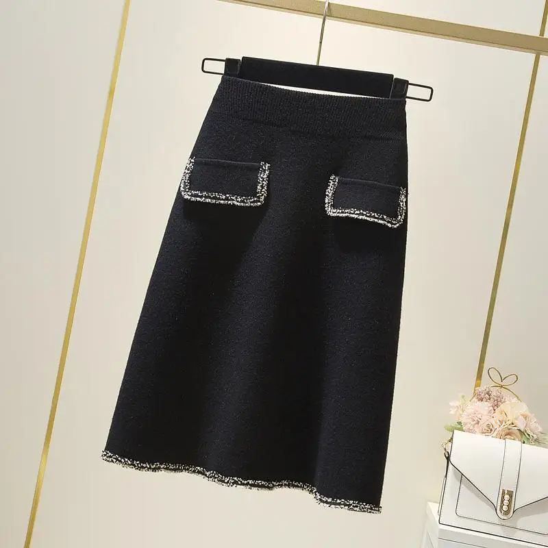 

2021 Autumn & Winter New Arrivals High Waist Thin Stretch Simple Black Tassel Trim Women Knitted A-line Long Skirt Y296