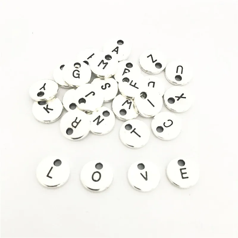 100Pcs/Lot 26 Alphabet Round Charms for Bracelet Necklace Can Mix Letters 10MM 2-Sized Alloy Pendant  DIY Handmade