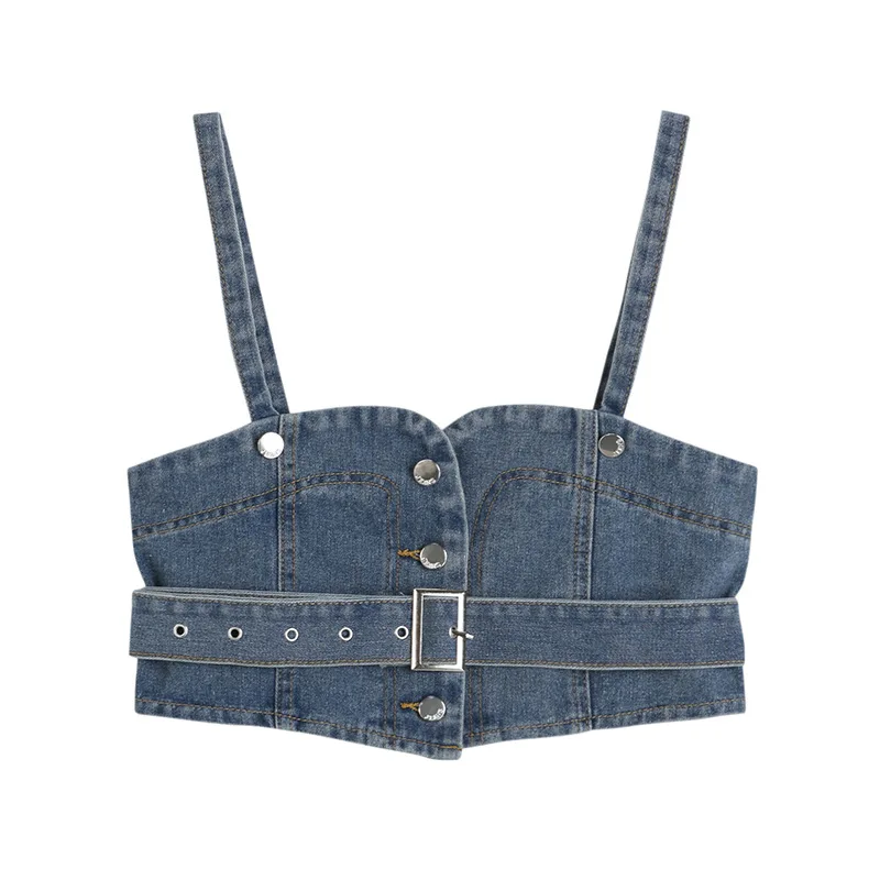 

Women's street personality denim camisole for women's outer wear with a waistband design sense of versatile spring new straps
