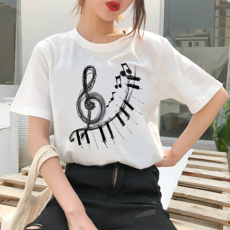 

summer new Funny Music tree symbol T-shirt printed chic Harajuku Neck Casual retro top women's fashion T-shirt