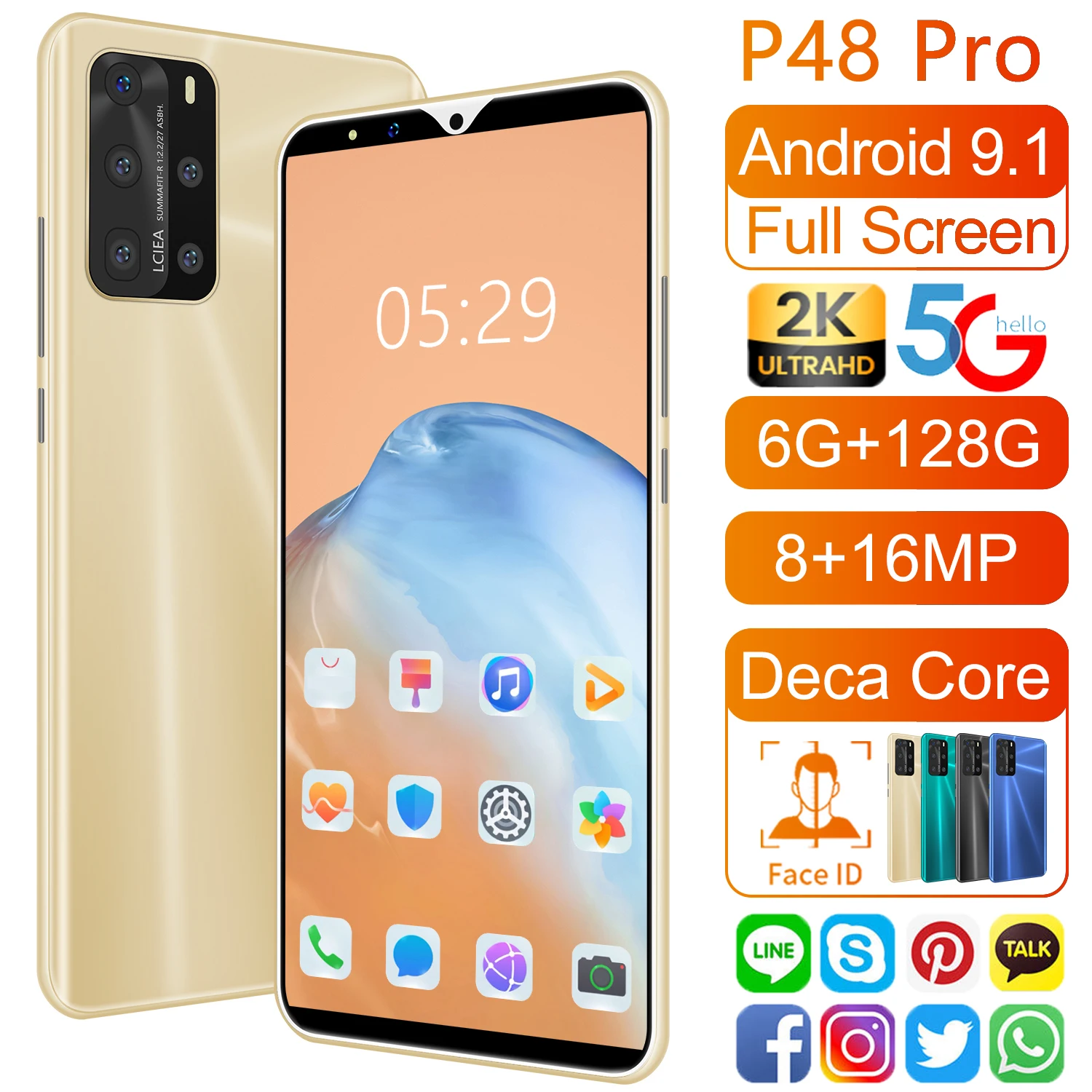 

2021 New Global Version P48 Pro 5.8" Smart Mobile 3800mAh 6GB+128GB Android 8+16Mp HD Camera Face ID Multi Functional Cellphone