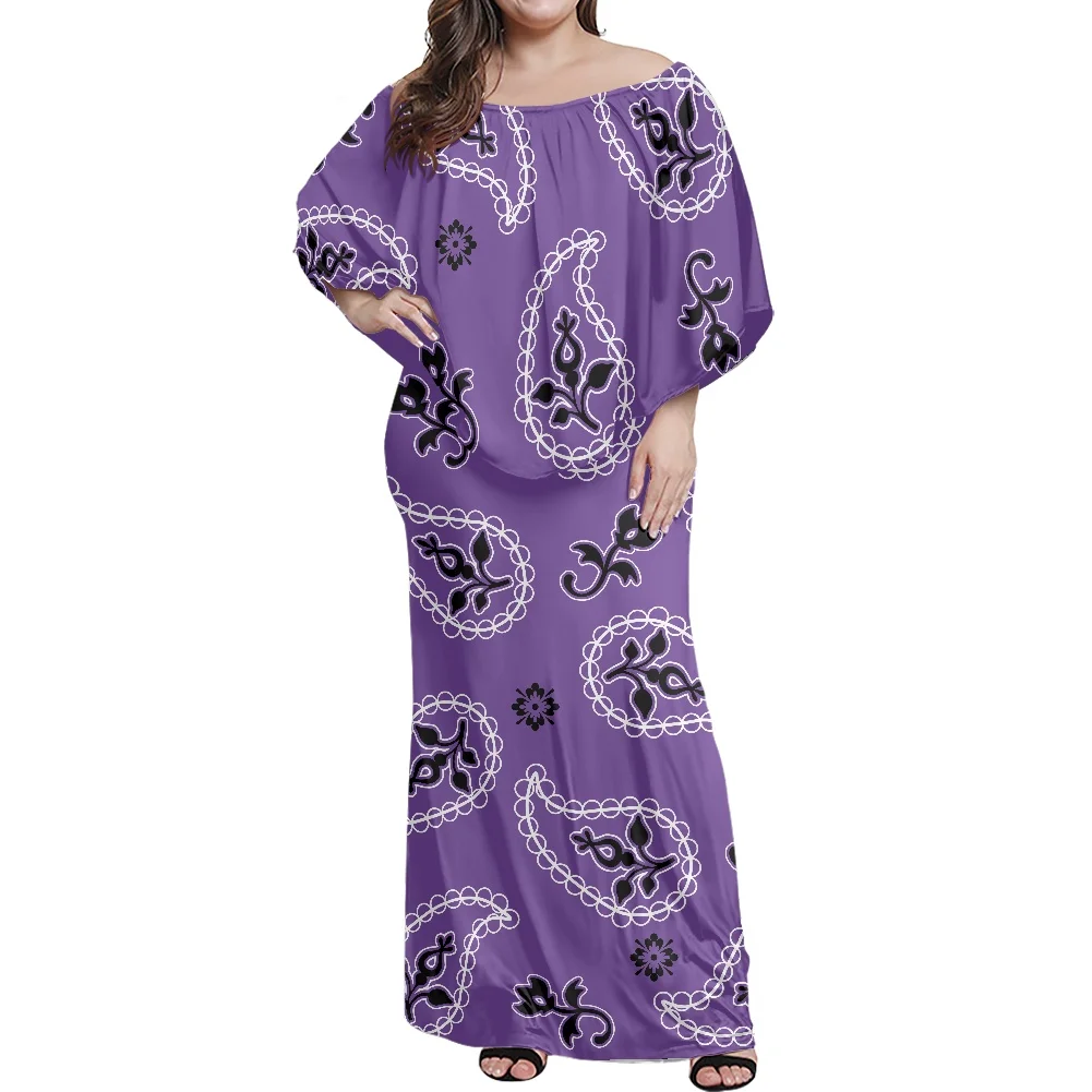 

Off-The-Shoulder Short Sleeves Big Front Swing Plus Size Dress Polynesian Tribe Bandana Printing Summer Elegant Evening Dress