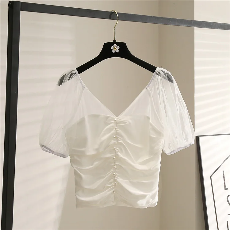 

Short-Sleeved Chiffon Shirt Summer New Women's Blouse Mesh Stitching Pleated V-neck Shirt Slim Fit All-matching Short Top