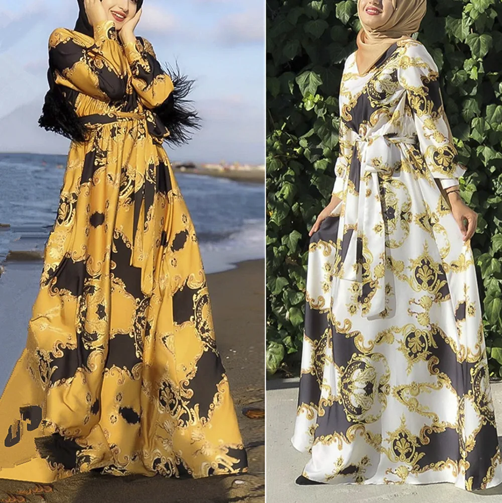 

Muslim Long Sleeve Plus Size Women's Dress Printed Lace Up Dress Dubai Women Muslim Fashion Muslim Abaya Islamic Clothing
