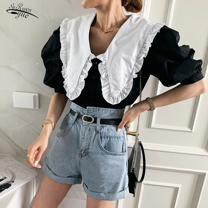 

New girly style lapel puff sleeve women's shirt with ruffled summer retro blouse women's blouse loose women's clothing 15554