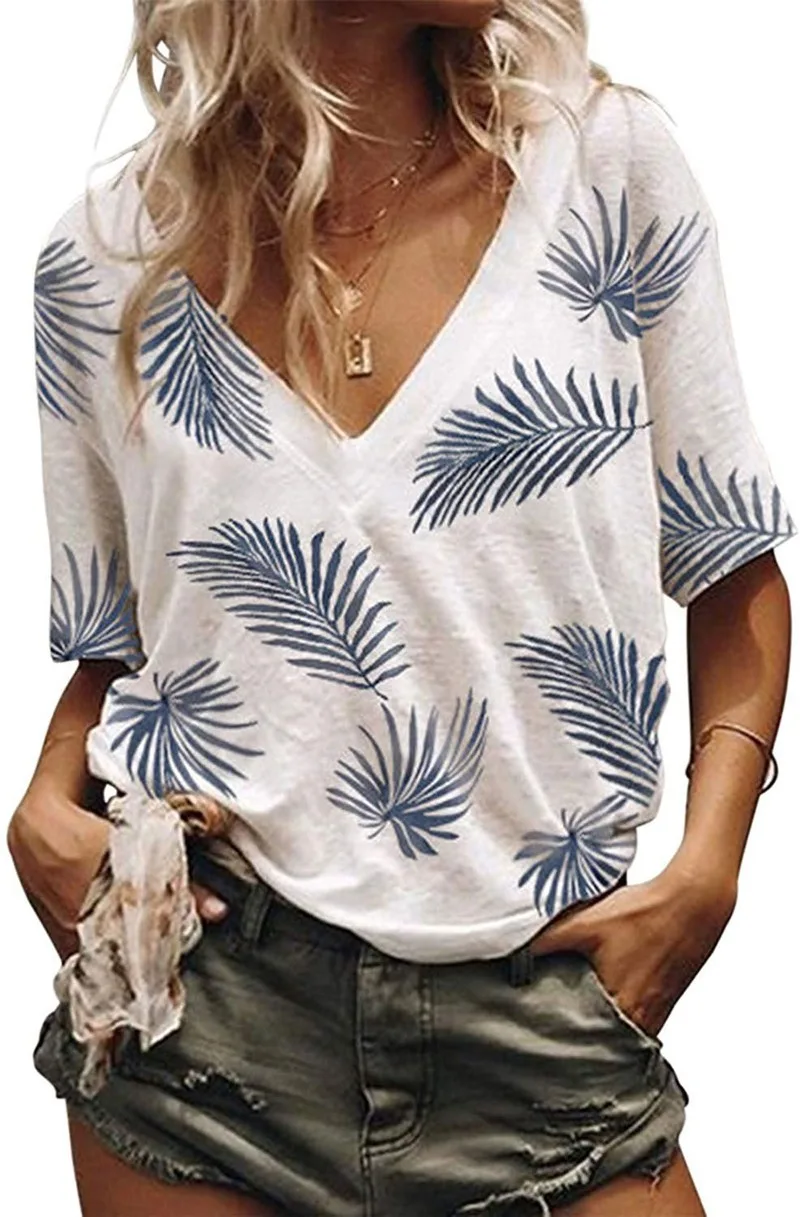 

2020 Summer New Women's T-shirt V-neck Loose Short Sleeves Tree Leaves Printed Casual T-shirt shirts for women graphic t shirts