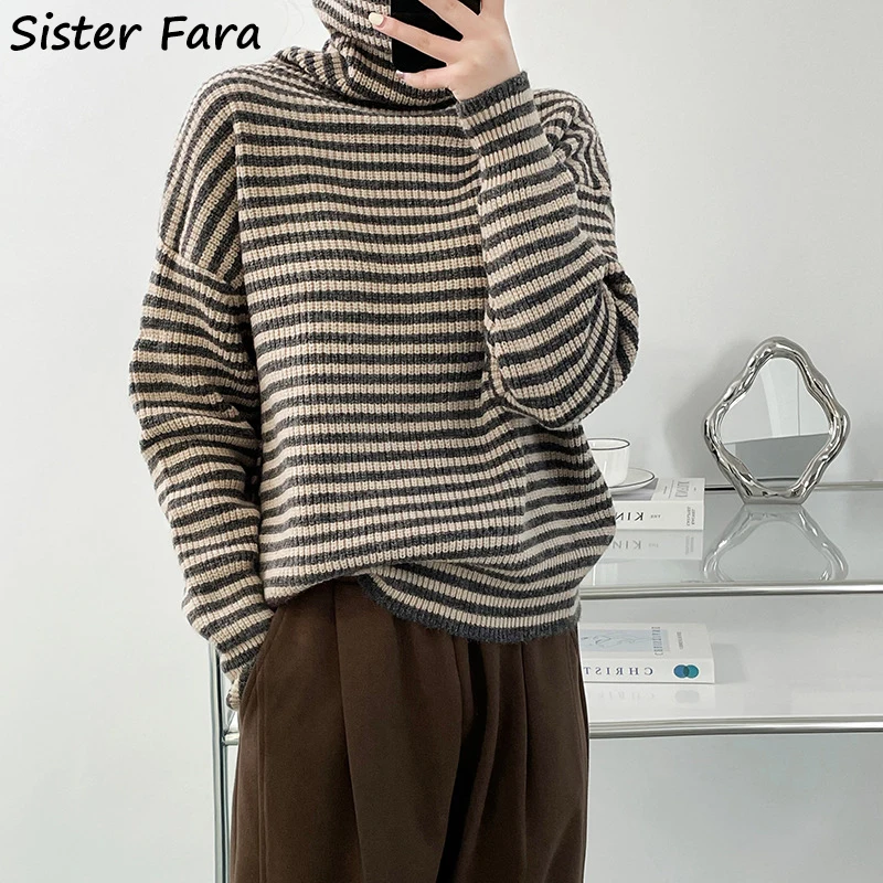 

Женский вязаный свитер в полоску Sister Fara, Свободный теплый свитер с высоким воротником, повседневный пуловер для осени и зимы