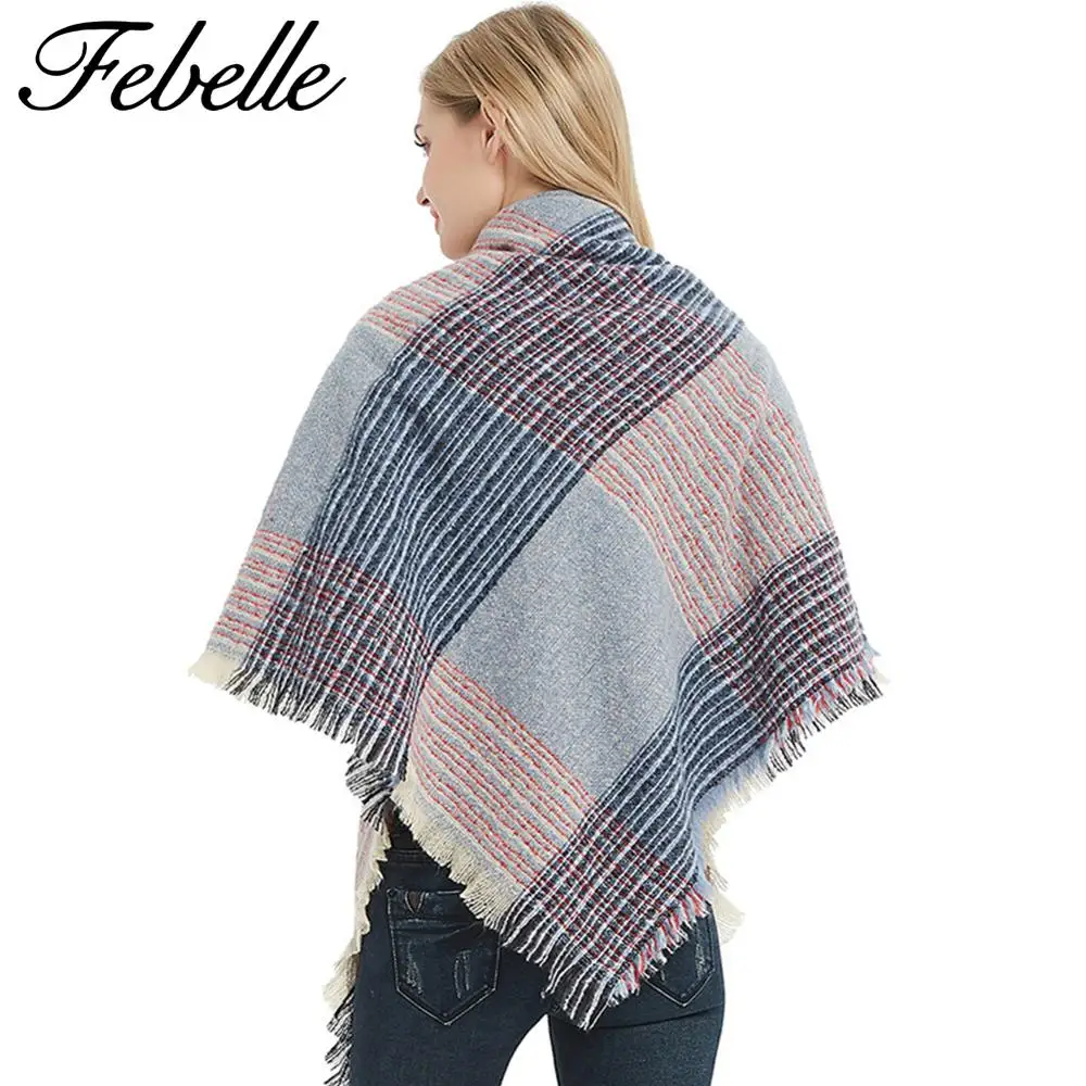 Febelle 240g для женщин Зимний кашемировый шарф в клетку треугольный мягкий теплый