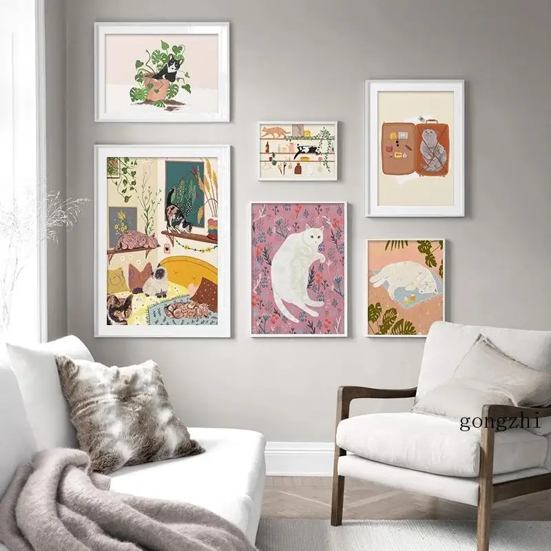 

Cartoon Funny Cat Illustration Poster Abstract Pet Animal Canvas Painting and Print Kitchen Wall Art Picture for Kids Room Decor