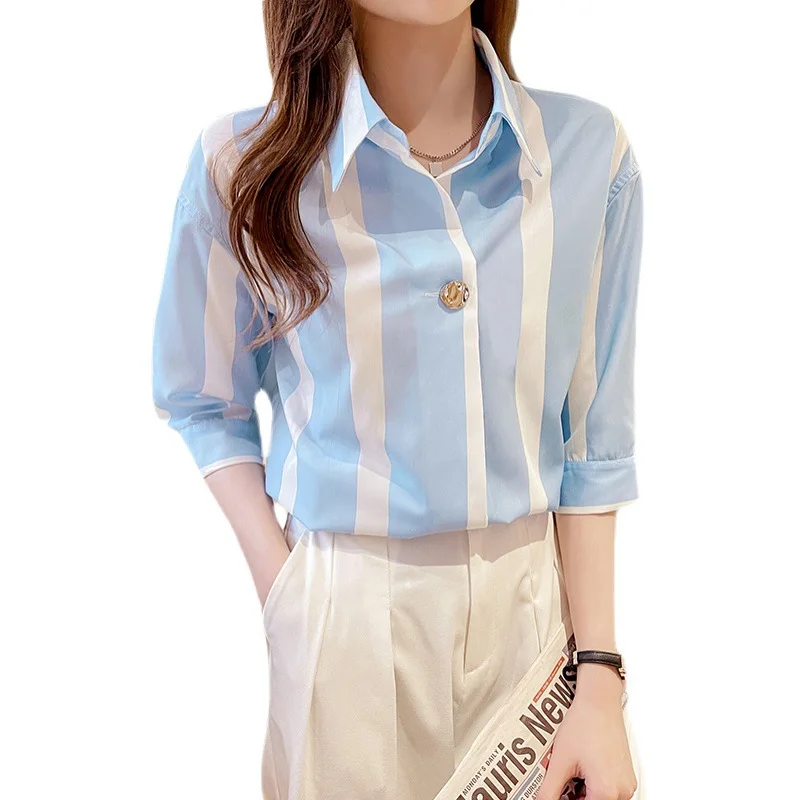 

2021 summer new product fashionable one-button chiffon shirt POLO collar striped three-quarter sleeve top women