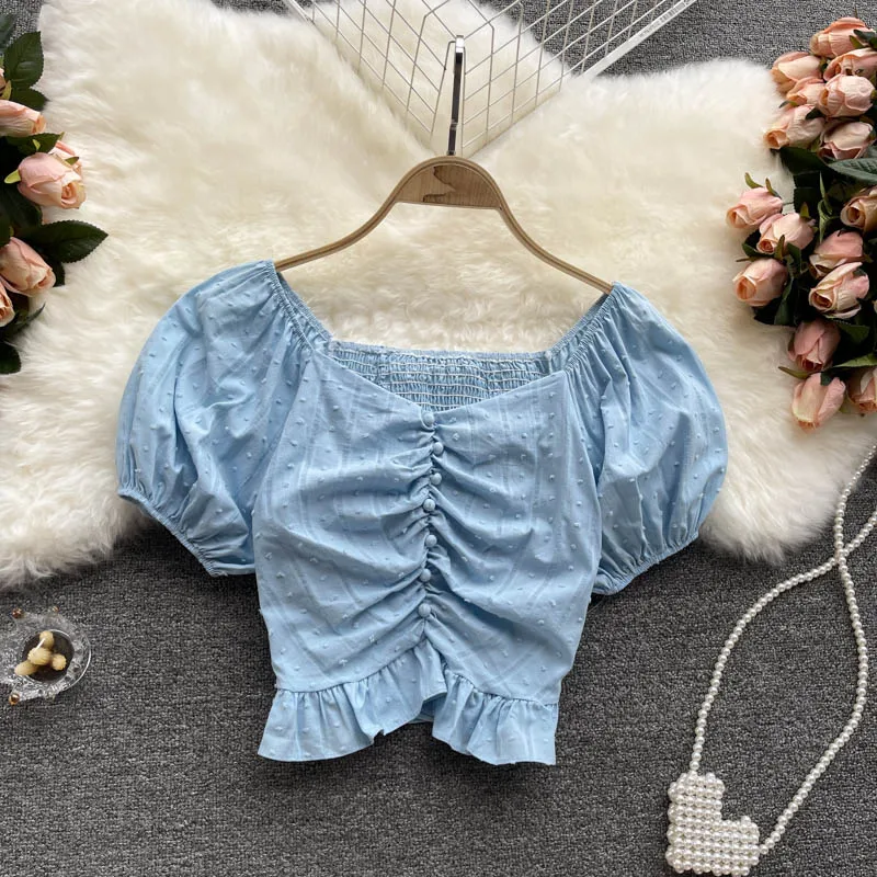 

French girl short top women's summer dress 2021 new age-reducing puff sleeve slim fit all-match pullover shirt trend