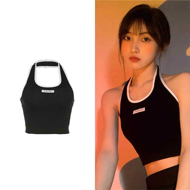 

Summer camisole female clothing Korean style halter neck crop top sexy Tank sleeveless womens clothes punk bar top cotton black