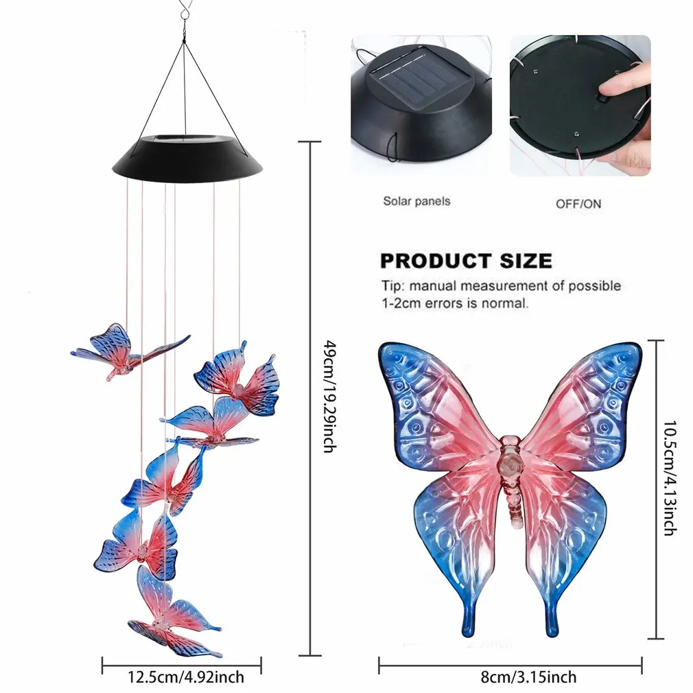 

Solar Powered Wind Chime Light LED Garden Hanging Spinner Lamp Color Changing Decoration Light Butterfly Outdoor Lamp Decor