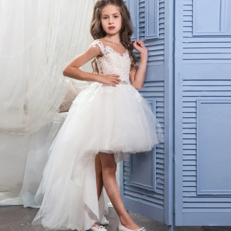 Picture style Синий пояс с жемчугом, бант, цветок, платье для девочек, Кружевная аппликация, рукав-колпачок, платье для первого причастия, вечерние платья для торжеств - Цвет: Picture style