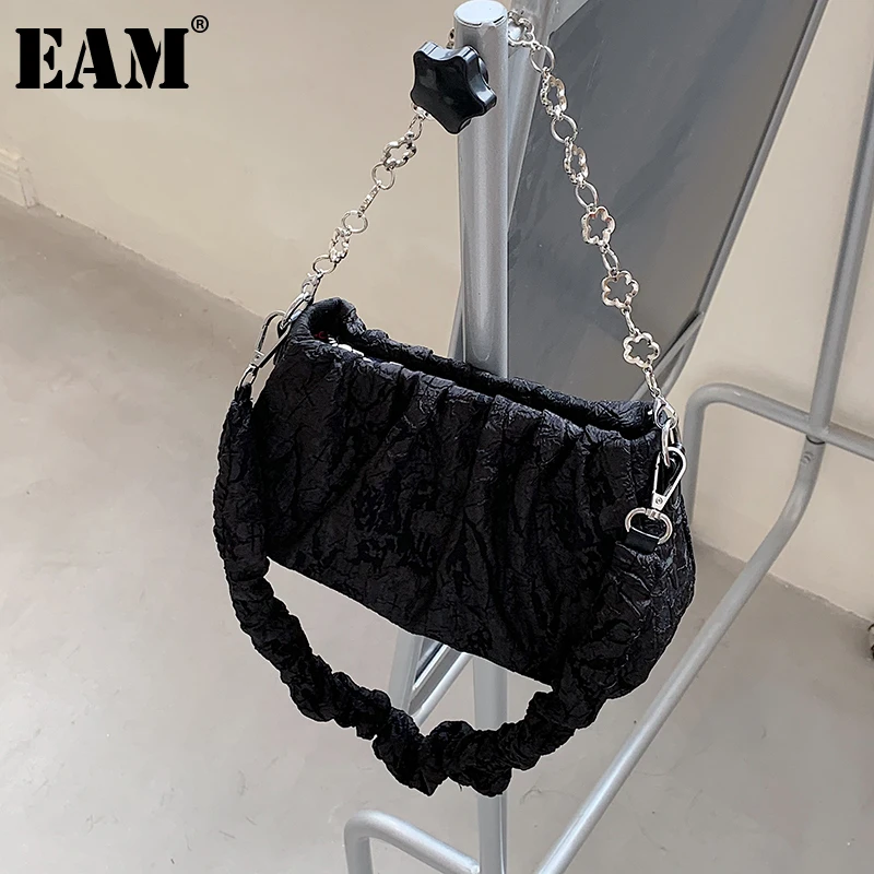 

Женская кружевная плиссированная сумка [EAM], Черная кружевная плиссированная сумка на одно плечо, с подмышками, 18A6102, 2021