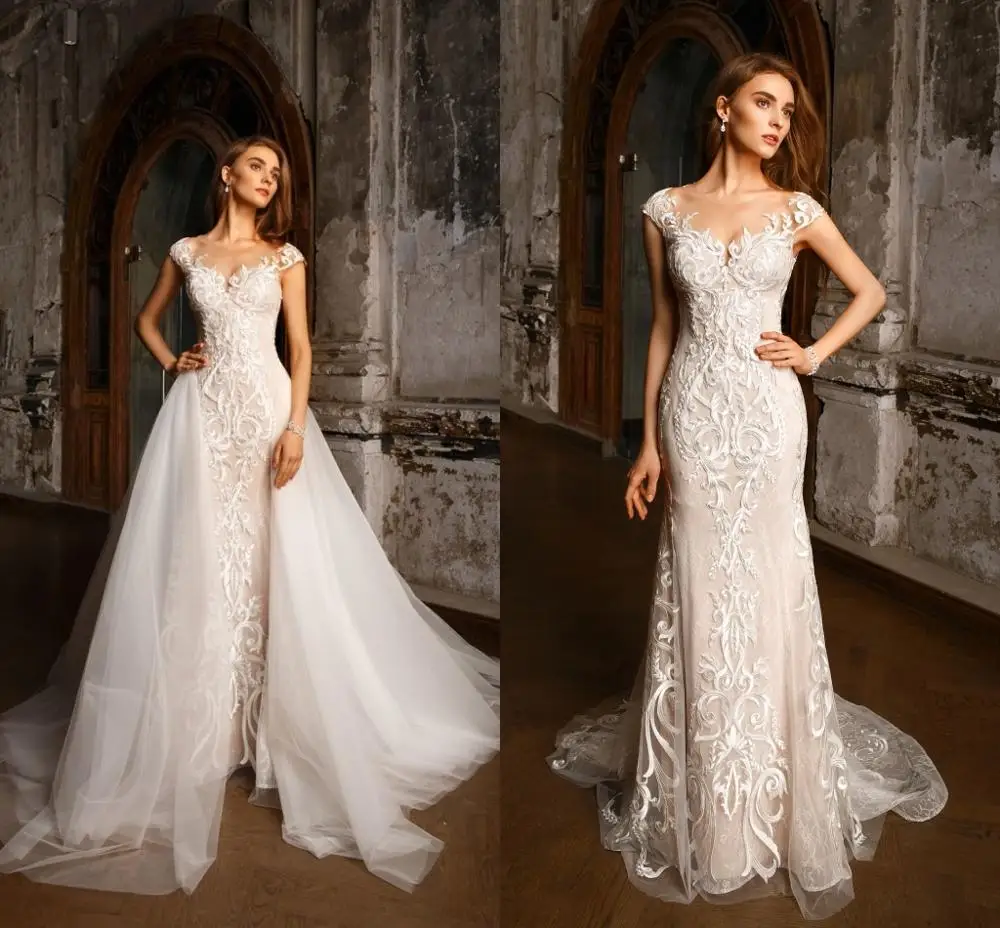 Винтажное свадебное платье русалка со съемным шлейфом рукавом крылышком круглым